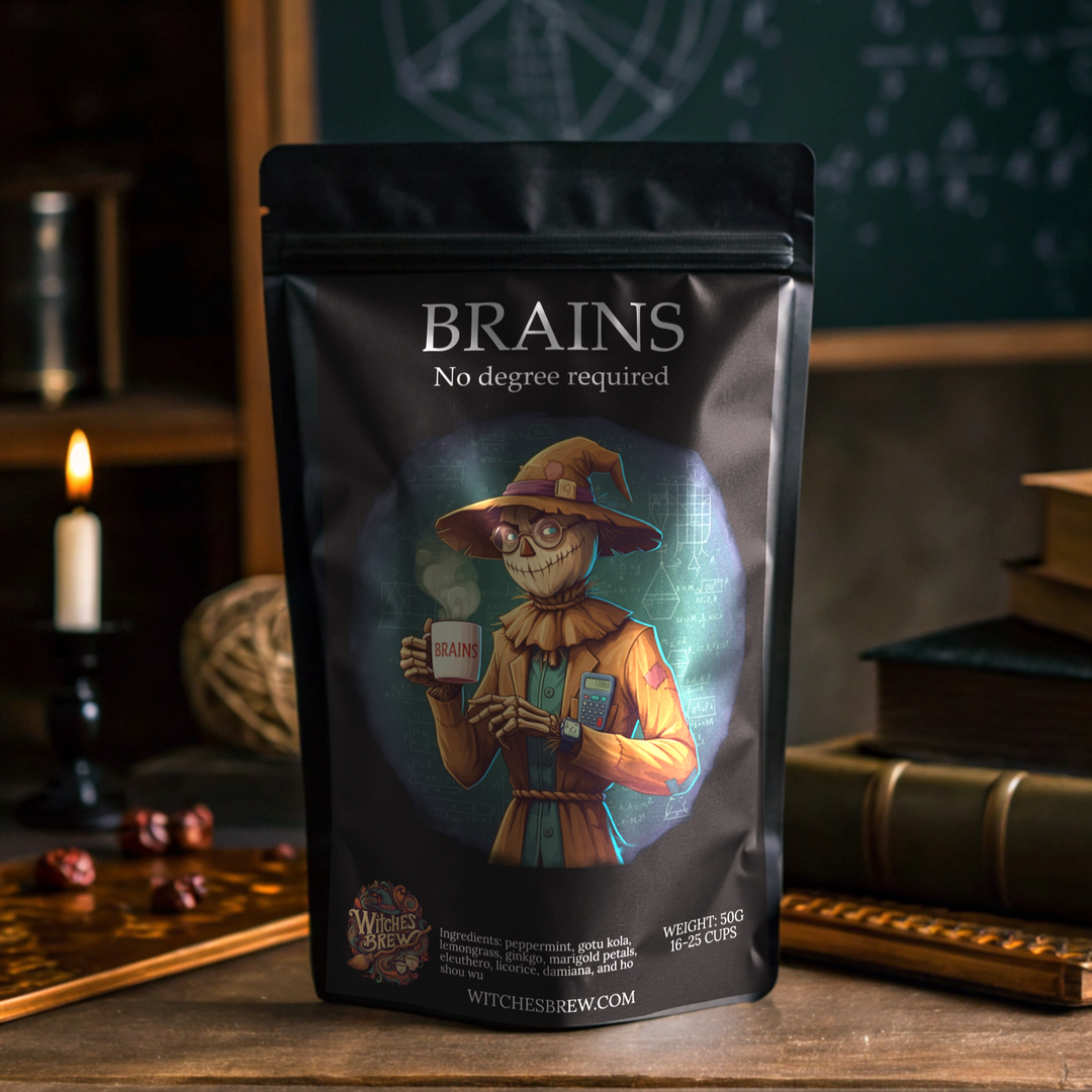 Tea package labeled 'Brains' with a character holding a tea cup on a wooden surface.