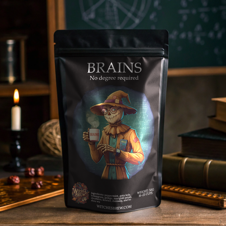 Tea package labeled 'Brains' with a character holding a tea cup on a wooden surface.