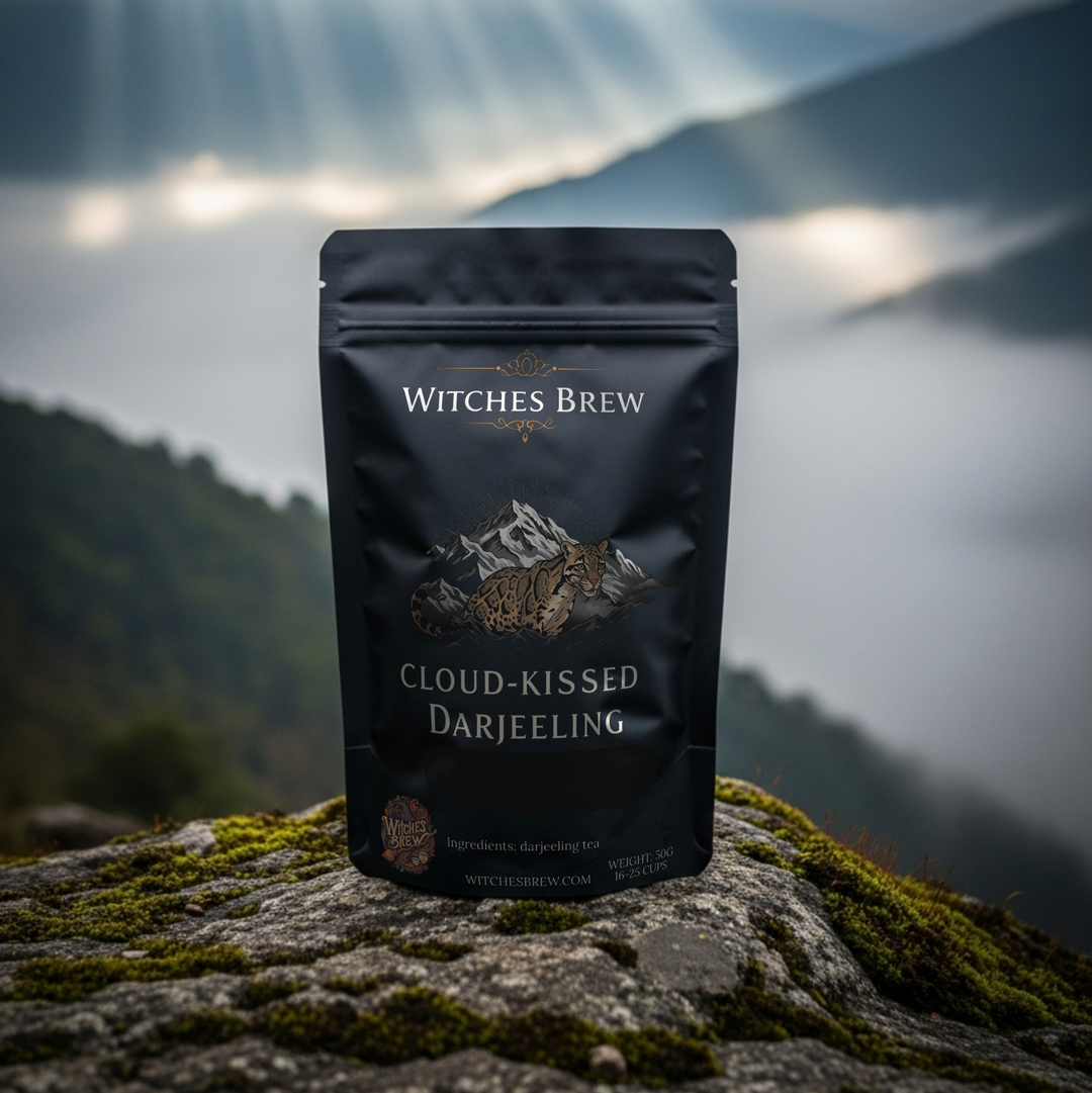 Witches Brew Cloud-Kissed Darjeeling tea package on a rock with mountain and sunlit clouds in the background