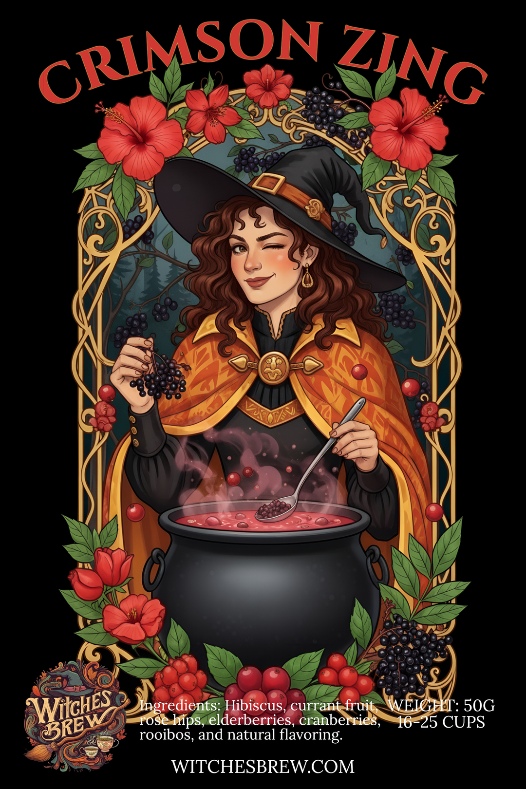 Crimson Zing label with a witch stirring a cauldron, surrounded by flowers and leaves.