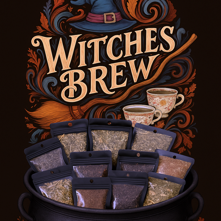 Witches Brew product packaging with a cauldron and decorative elements on a dark background
