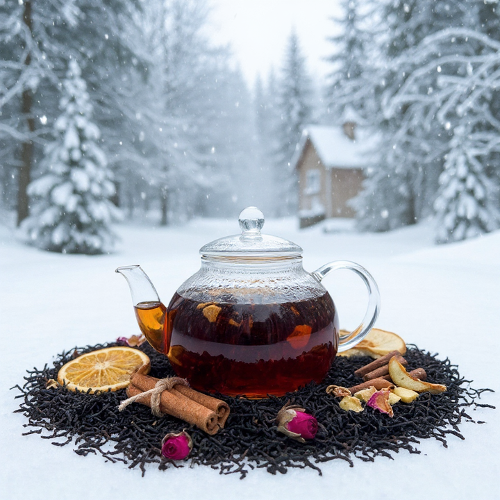 Glass teapot with hot tea on a snowy landscape with a house in the background