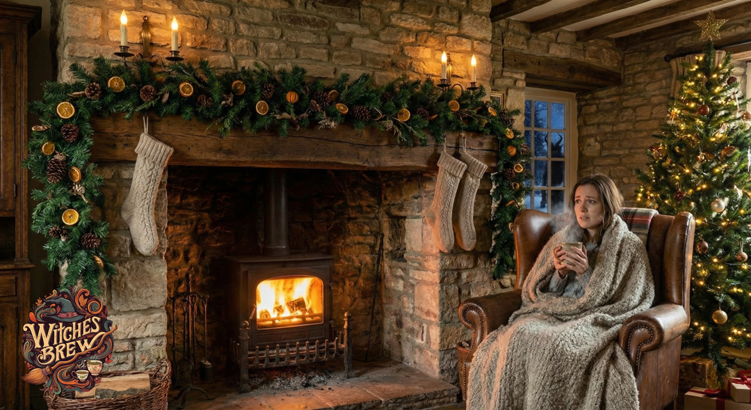 A woman clutching a cup of tea with Krampus looking over her shoulder
