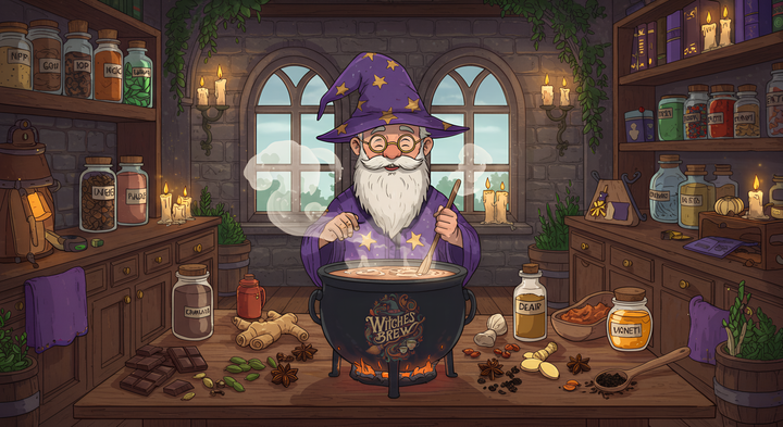 Wizard in a potions classroom with various ingredients and books.