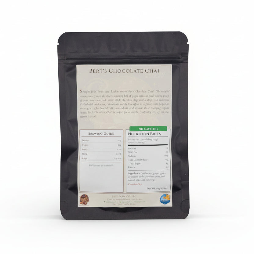 Bert's Chocolate Chai  packaging with a detailed label on a white background