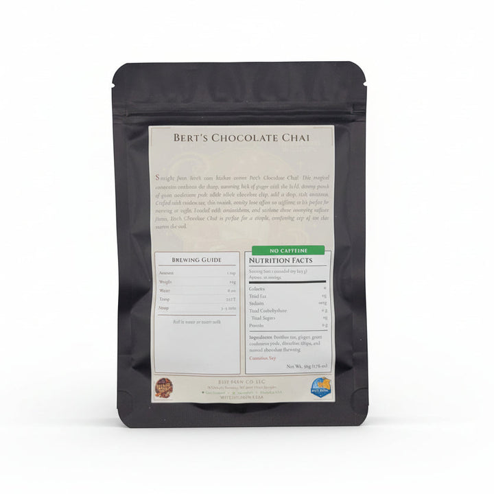 Bert's Chocolate Chai  packaging with a detailed label on a white background