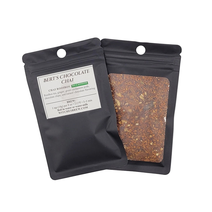 Two Bert's Chocolate Chai tea bags with visible text on a light gray background