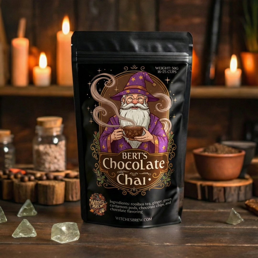 Bert's Chocolate Chai packaging on a wooden surface with candles and jars in the background