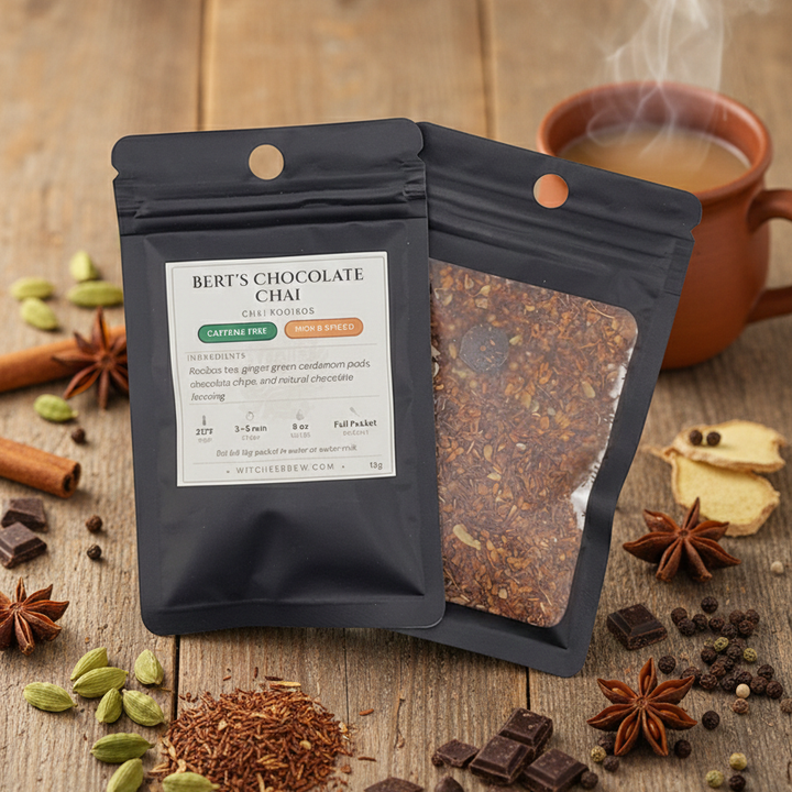 Bert's Chocolate Chai tea package on a wooden surface with tea leaves and spices.