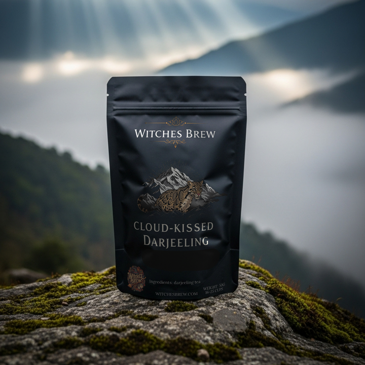 Witches Brew Cloud-Kissed Darjeeling tea package on a rock with mountain and sunlit clouds in the background