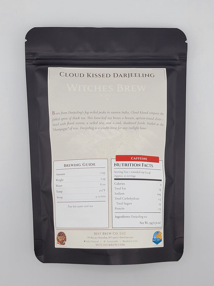Cloud Kissed Darjeeling tea package with brewing instructions on a white background