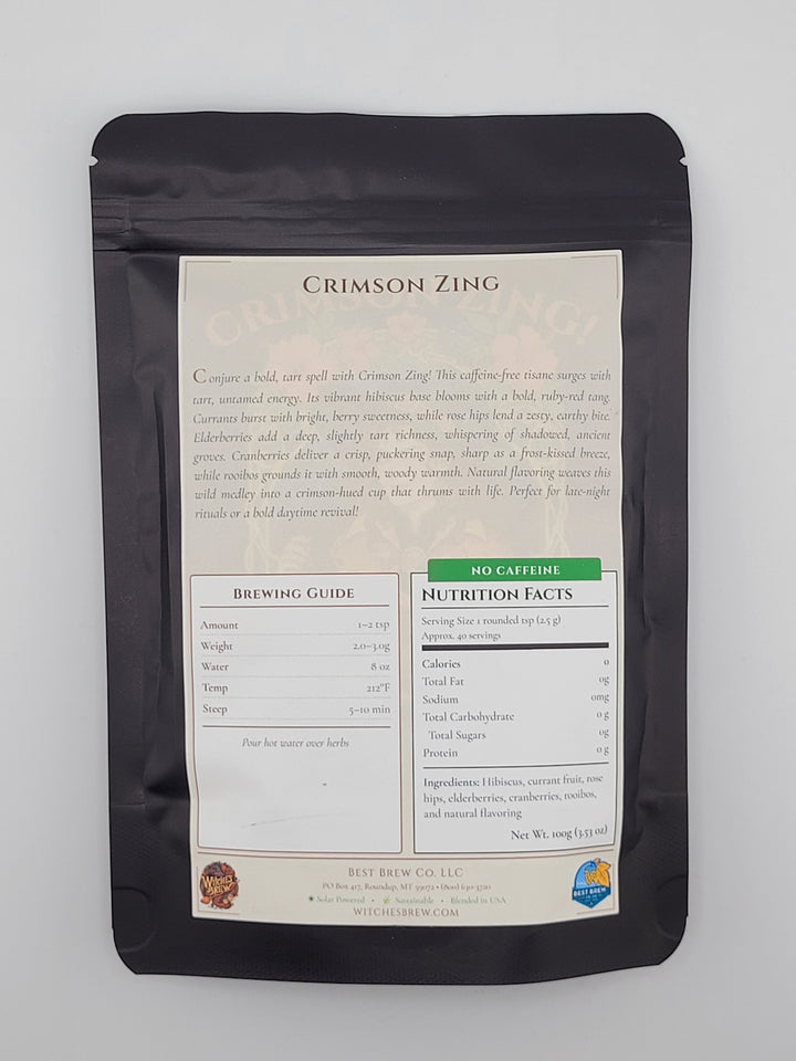 Crimson Zing!' tea package with a label on a white background