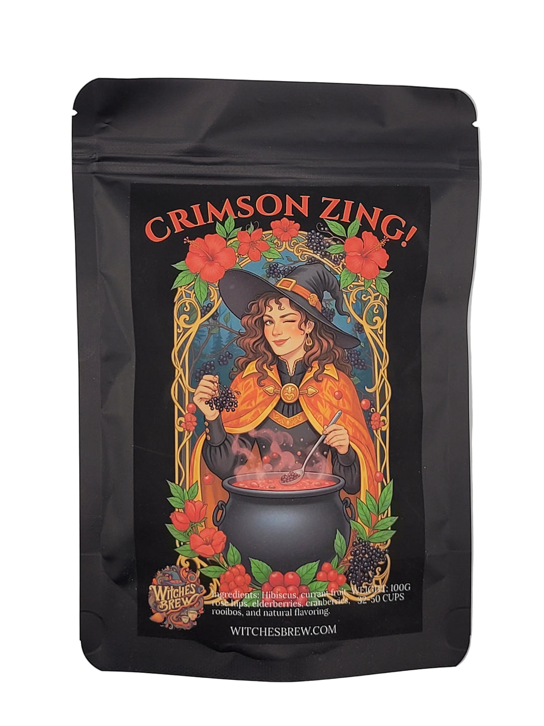 Black tea bag with colorful design and 'Crimson Zing!' text on a gray background