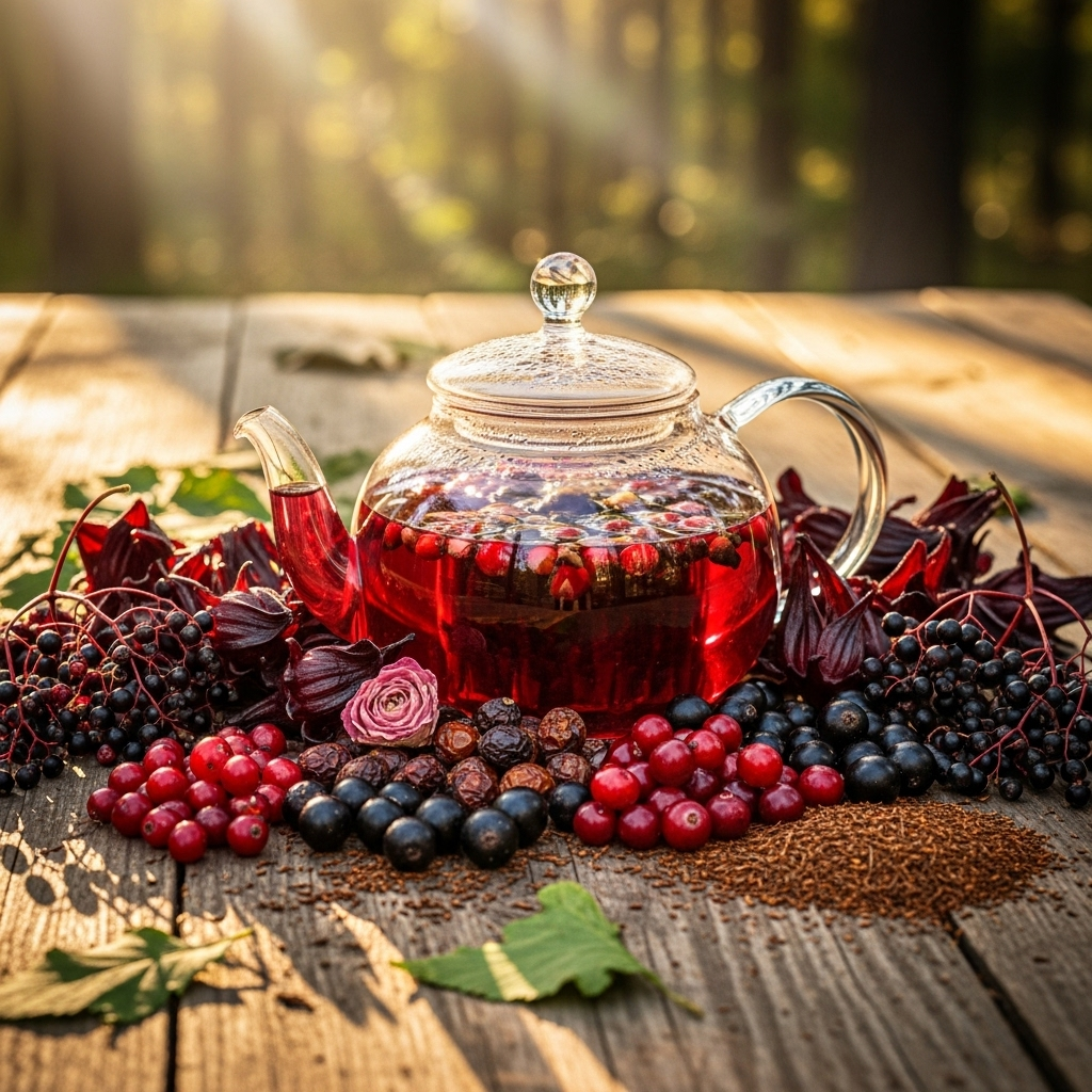 Teapot filled with red liquid surrounded by berries and leaves on a wooden surface