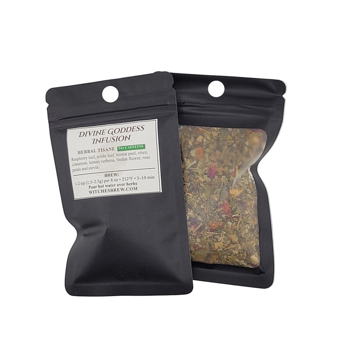 Two black pouches of 'Divine Goddess Infusion' with visible contents on a white background