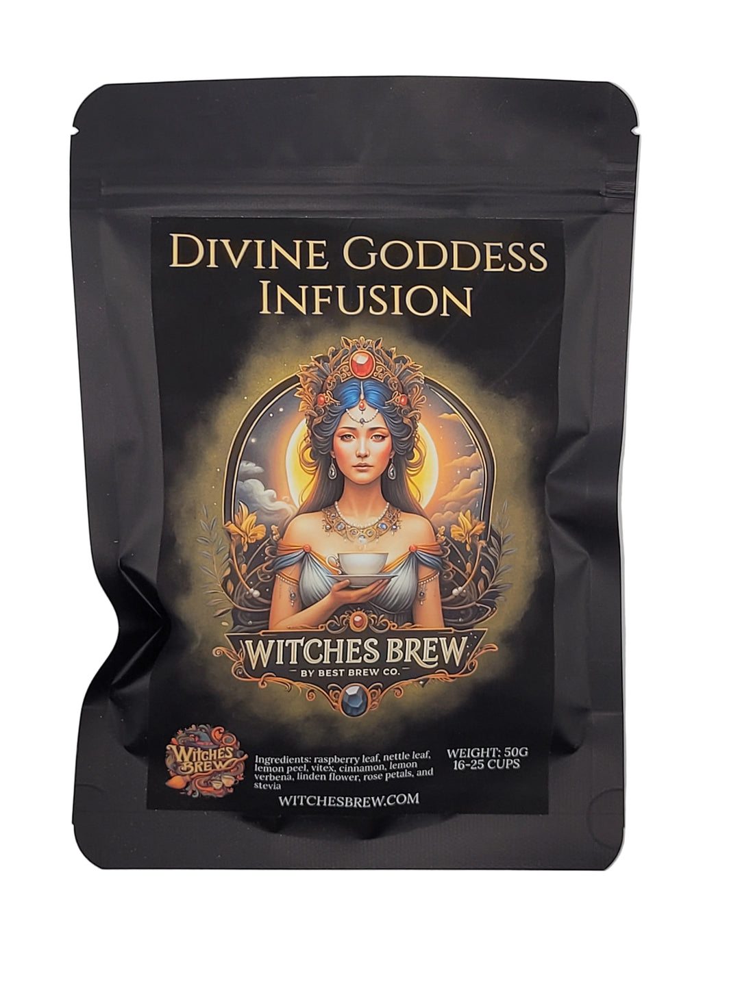 Black package of 'Divine Goddess Infusion' with a fantasy design on a gray background