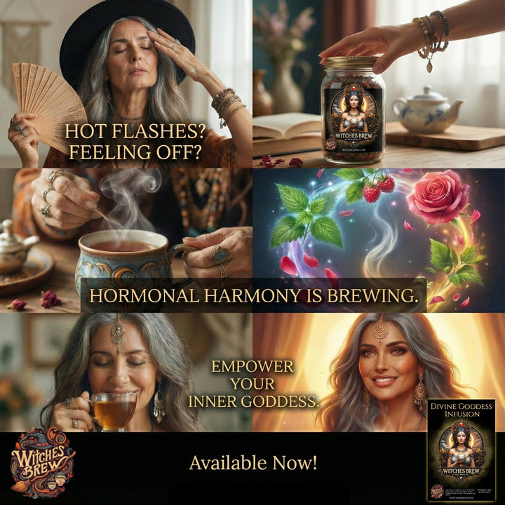 Promotional collage for Witches Brew with images of a woman, tea, and product packaging.