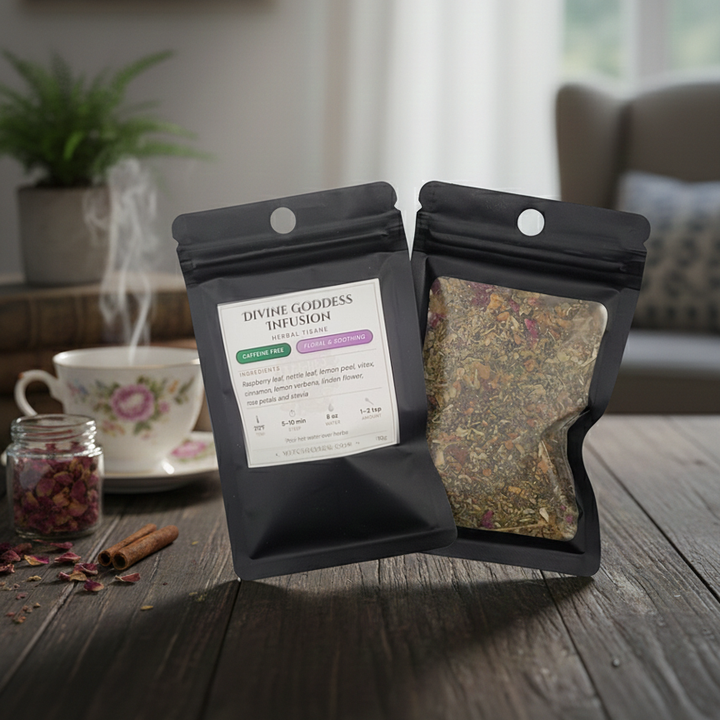 Tea packaging of Divine Goddess Infusion tea bag on a wooden table with a teacup and cinnamon sticks in the background.