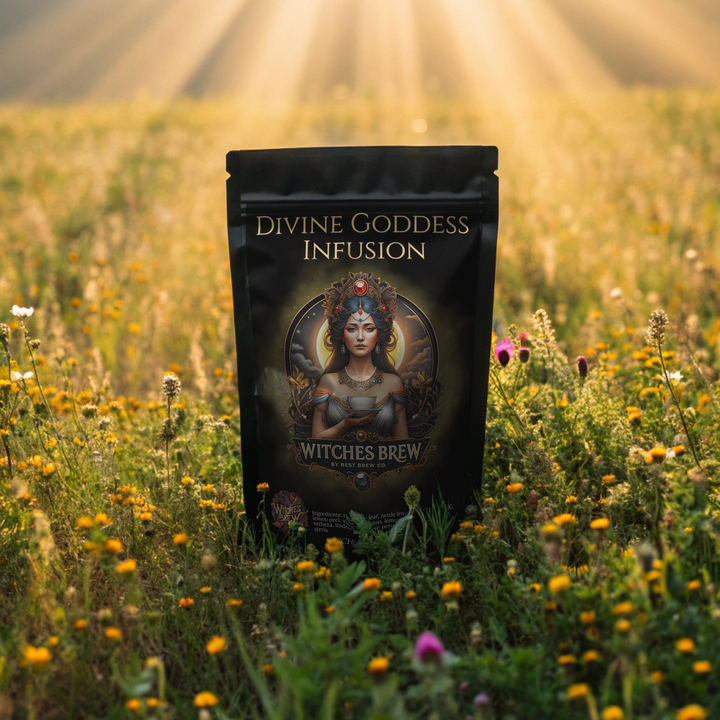 Divine Goddess Infusion package in a field with sunbeams