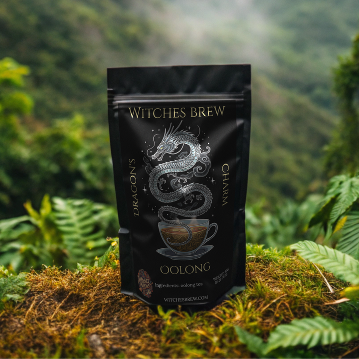 Witches Brew tea package with a mountainous landscape in the background