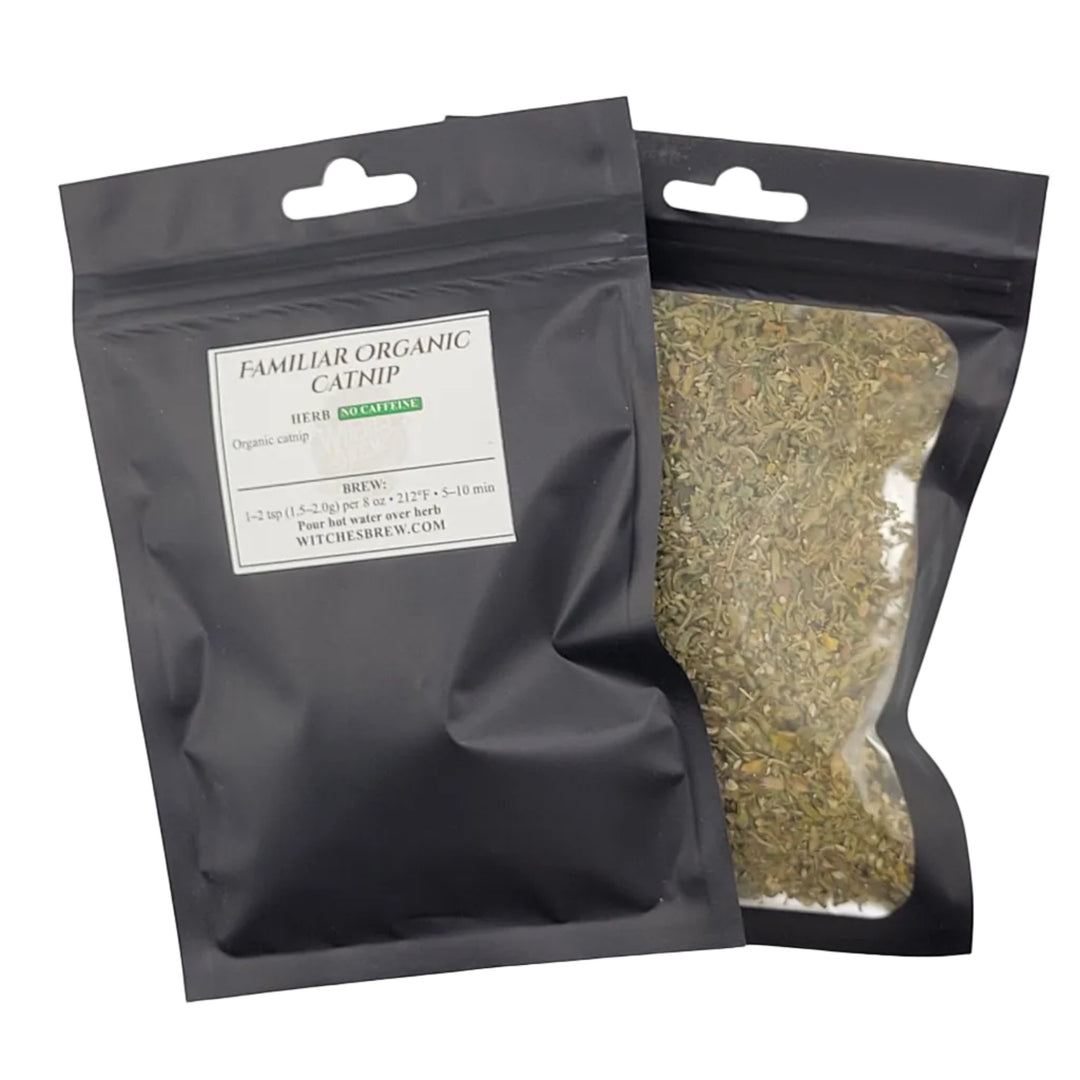 Two black bags with catnip, one open showing the product and one closed with a label.