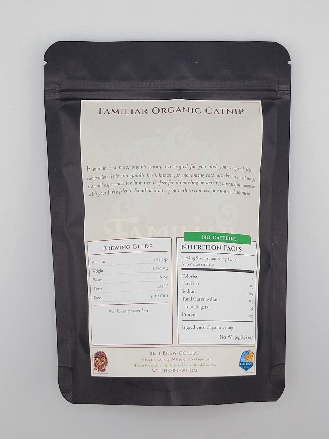 Familiar catnip tea packaging with a label on a white background