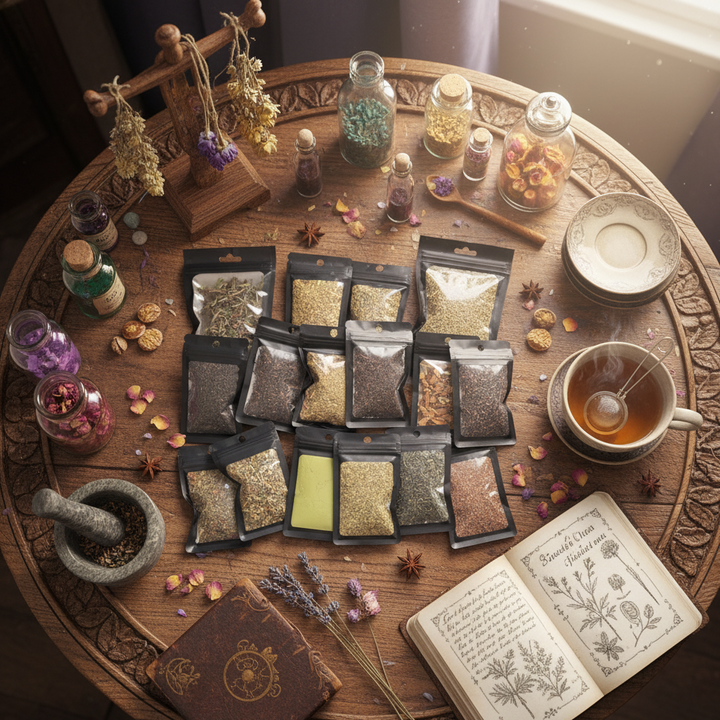 Herbal remedies and ingredients on a wooden table with a book of herbs.