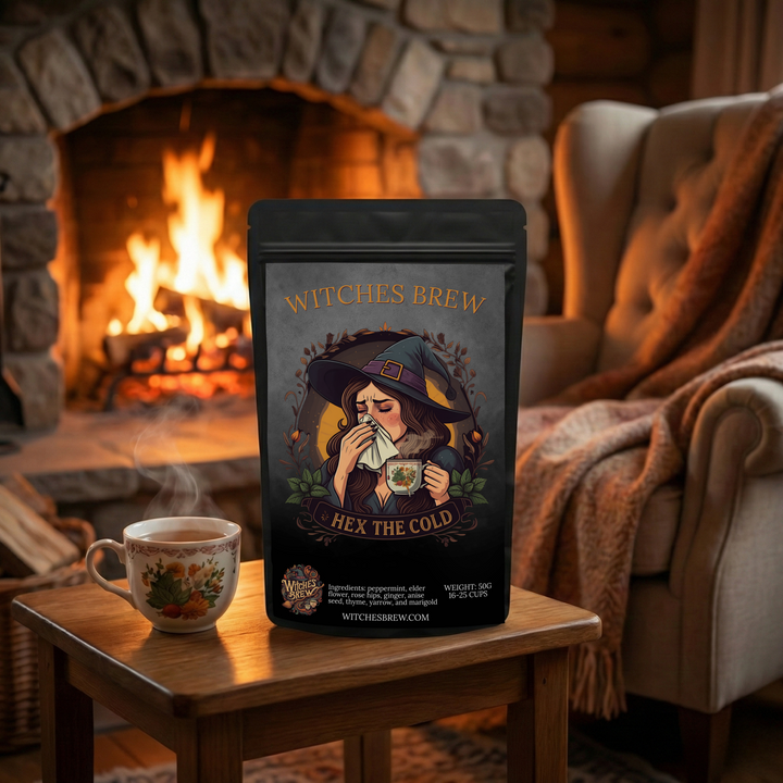 Witches Brew package on a table with a fireplace and chair in the background