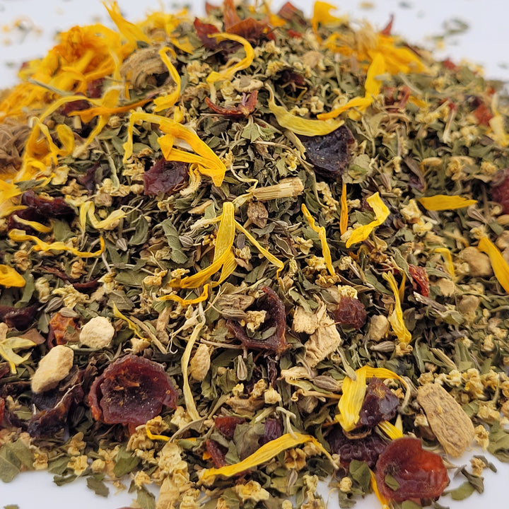 Close-up of a mix of dried herbs and spices on a white background