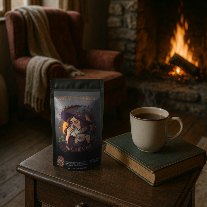 Hex the Cold tea package with a cup of tea on a wooden table in front of a fireplace.