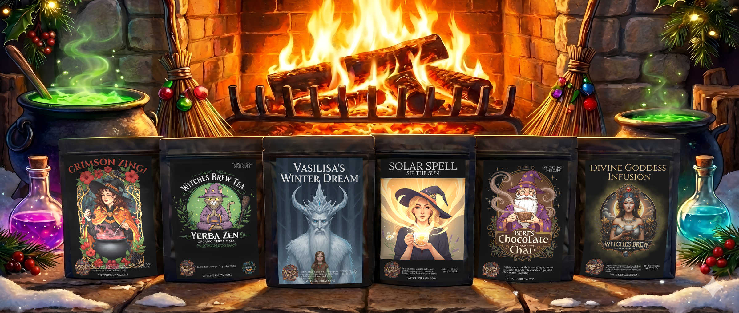 Set of tea that is witchcraft-themed product bagsin front of a fireplace with brooms and bottles.
