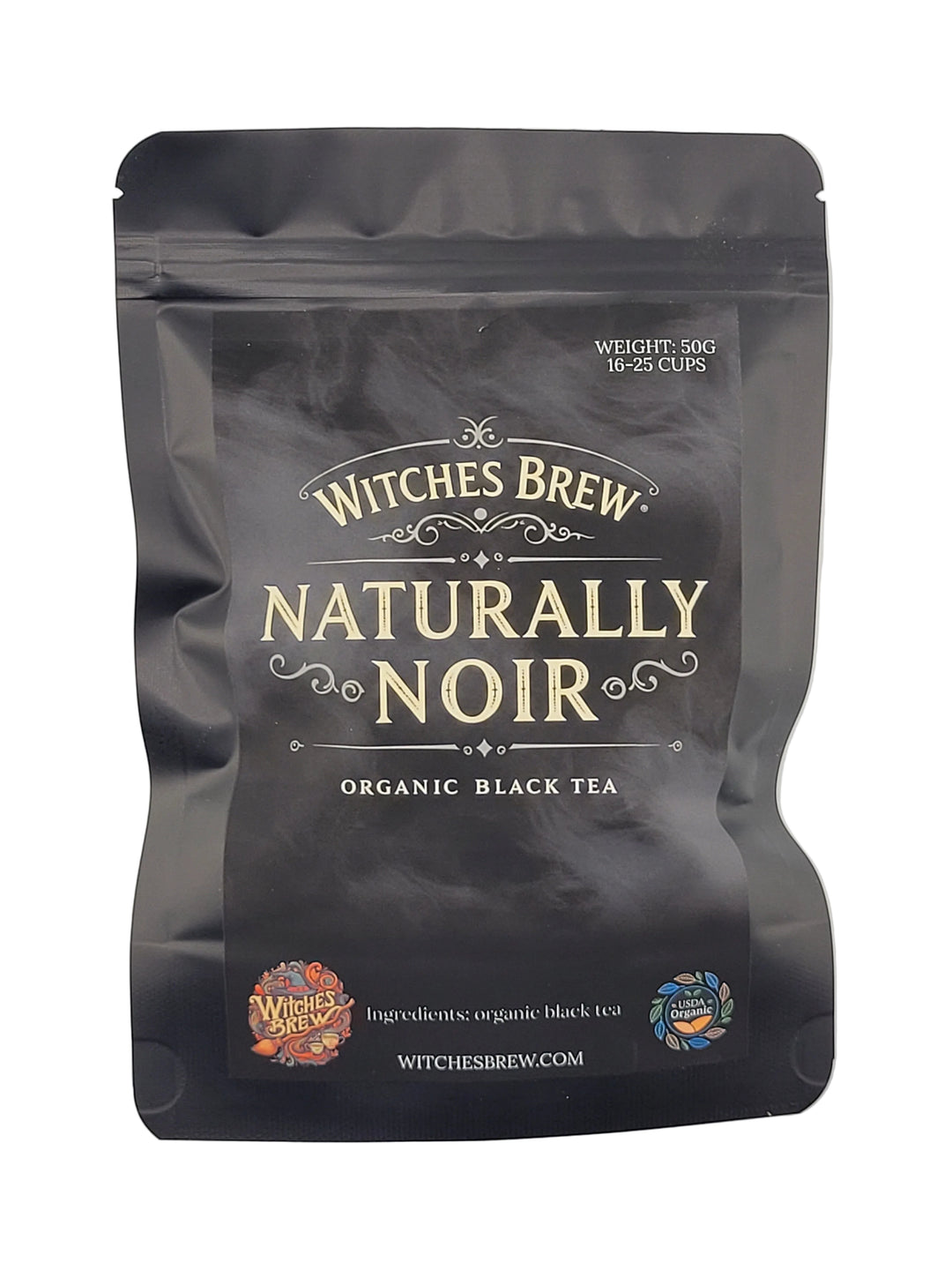 Tea package labeled 'Naturally Noir' by Witches Brew on a white background