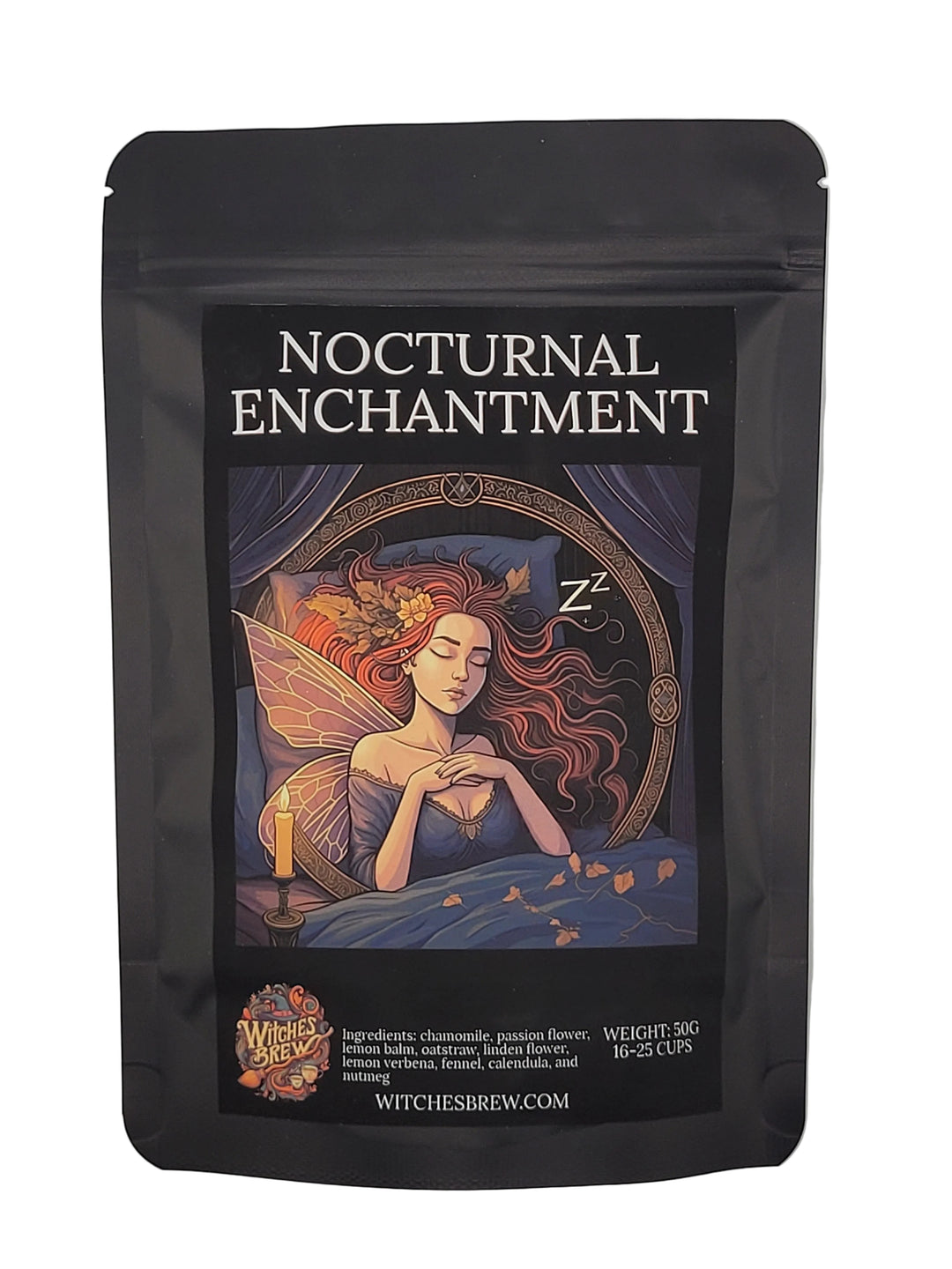 Nocturnal Enchantment TEA package with fairy design on a gray background