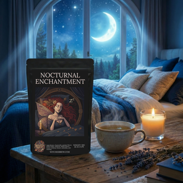 Nocturnal Enchantment tea package on a table with a cup of coffee and candle, set against a night scene with moon and stars.