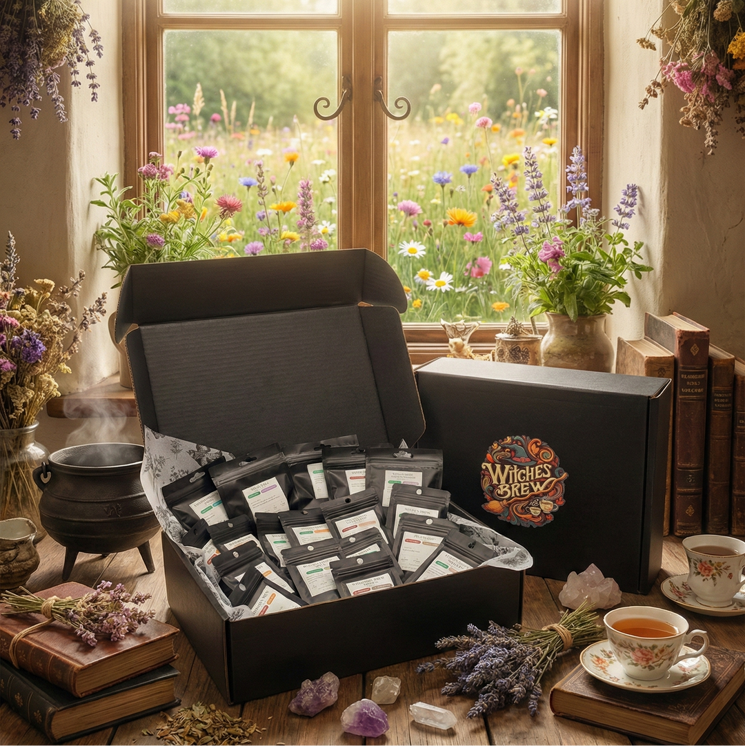 Open box of Witch's Brew products with a scenic window view in the background