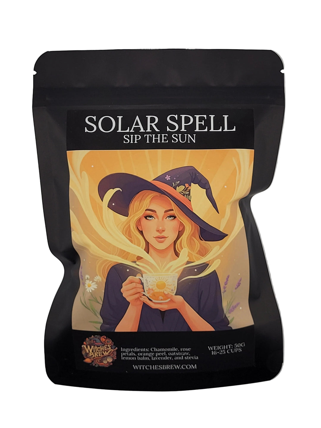 Packaged tea with a witch design and 'Solar Spell' text on a gray background