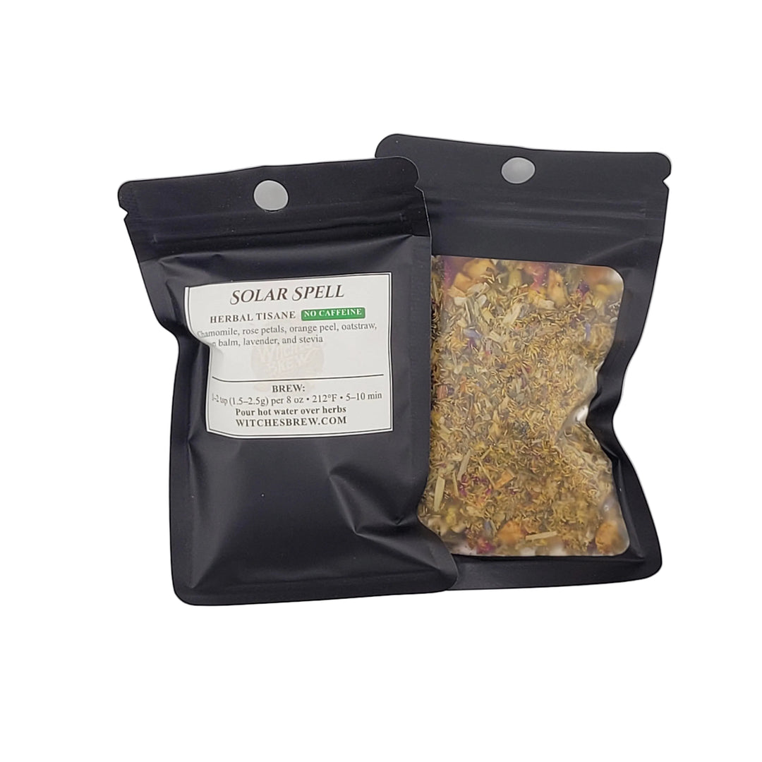 Solar Spell sample bag with dried herbs and a label on a white background