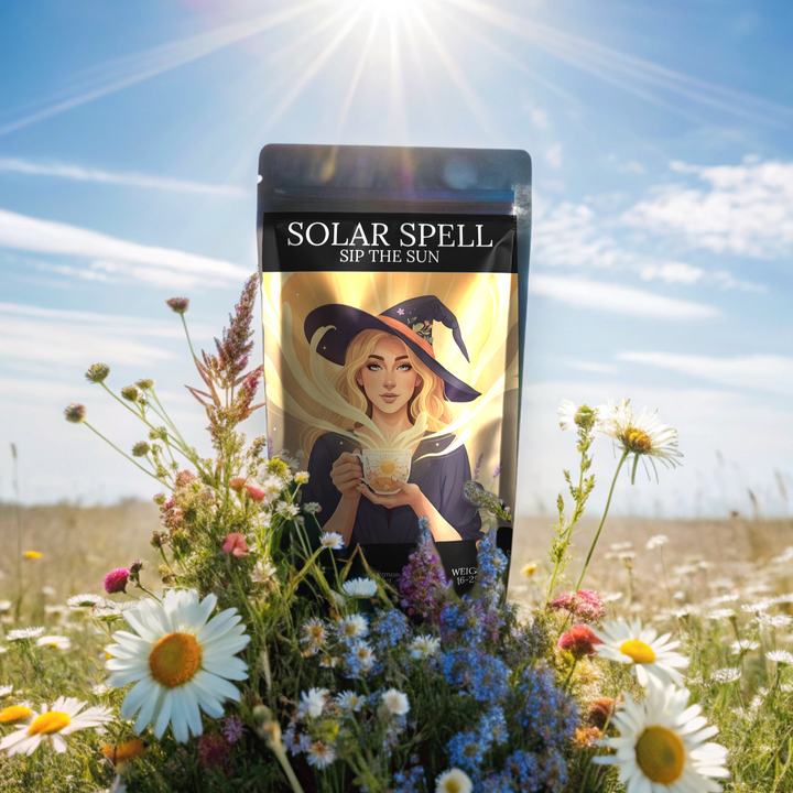 Product packaging labeled 'Solar Spell' in a field with wildflowers and sunlit sky