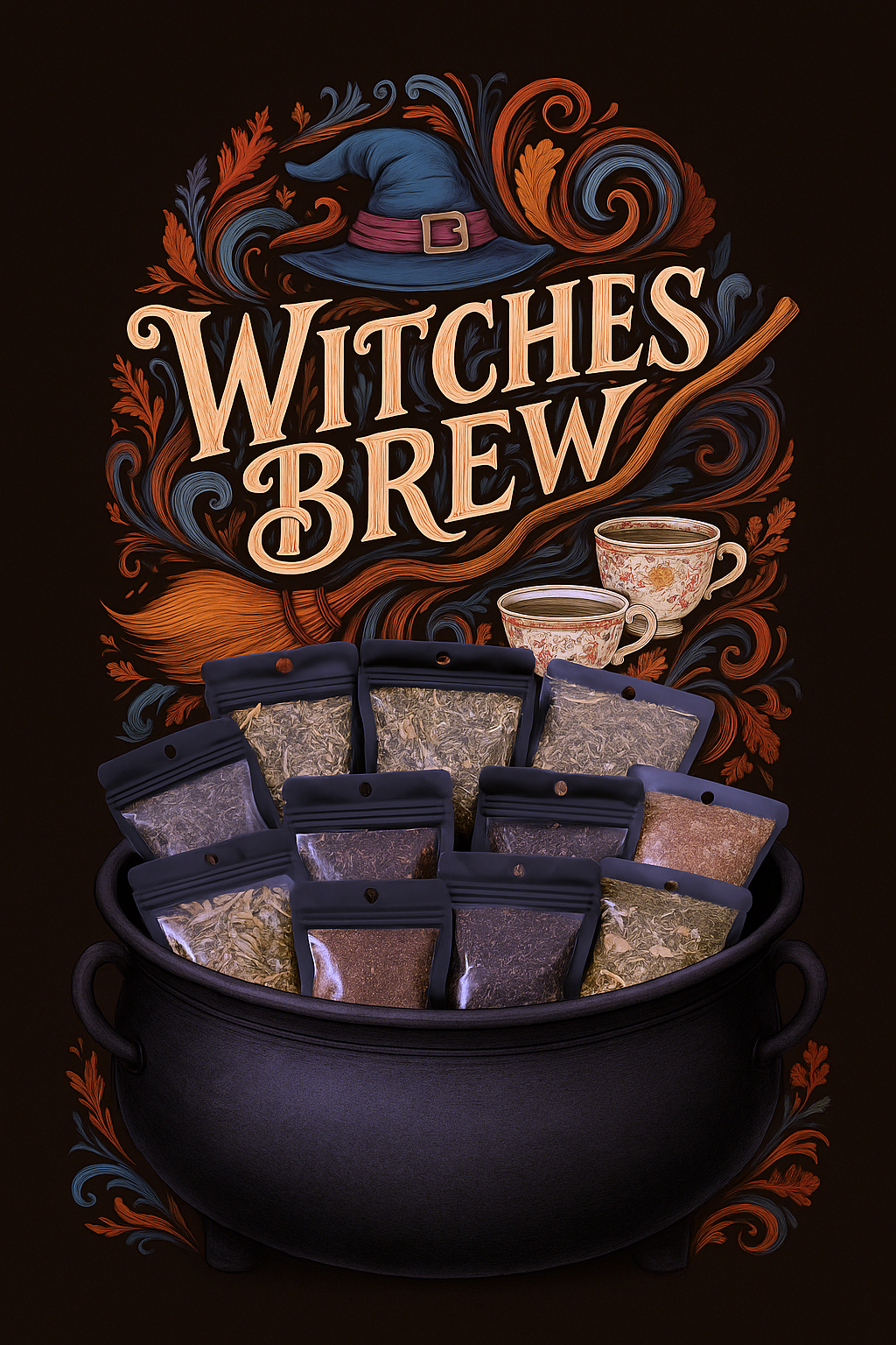 Promotional graphic for 'Witches Brew' with a pot of tea bags and decorative elements on a dark background.