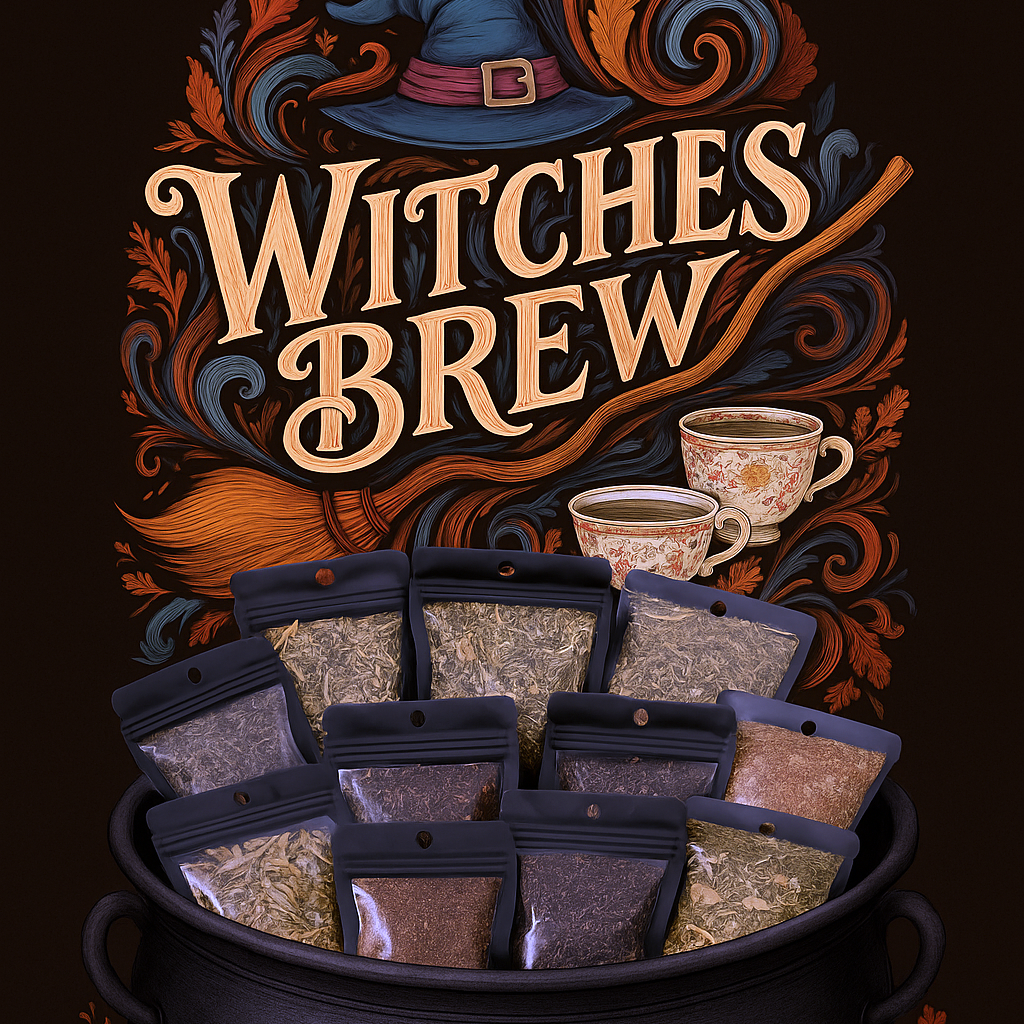 Witches Brew product packaging with a cauldron and decorative elements on a dark background