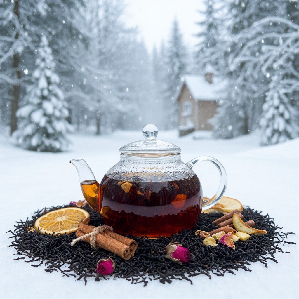 Glass teapot with hot tea on a snowy landscape with a house in the background