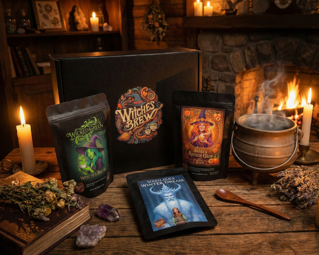 Witches' Brew themed products on a wooden table with a fireplace in the background
