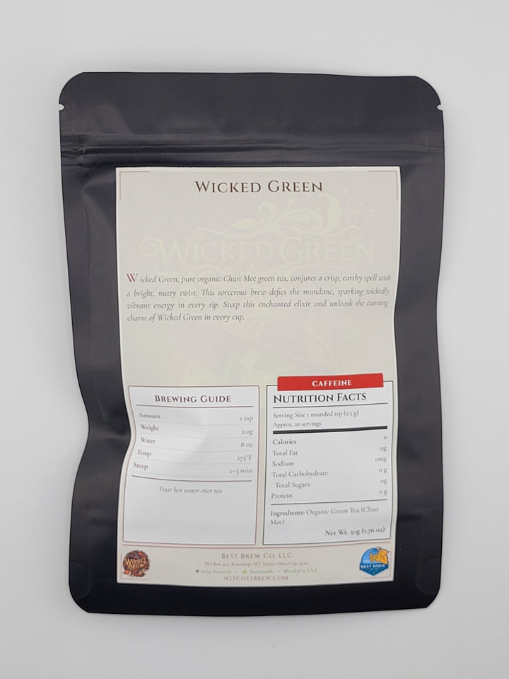 Tea packaging with Wicked Green branding on a white background