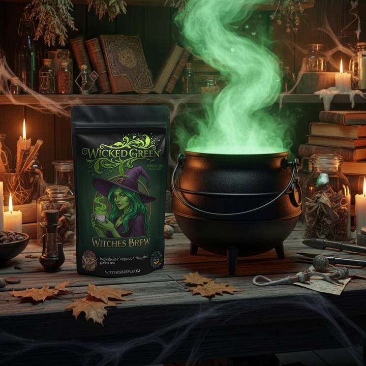 Wicked Green Witches Brew package with green smoke in a mystical setting