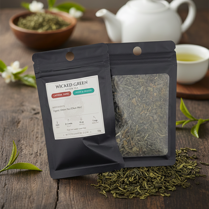 Tea packaging with Wicked Green branding on a wooden surface with tea leaves and a teapot.