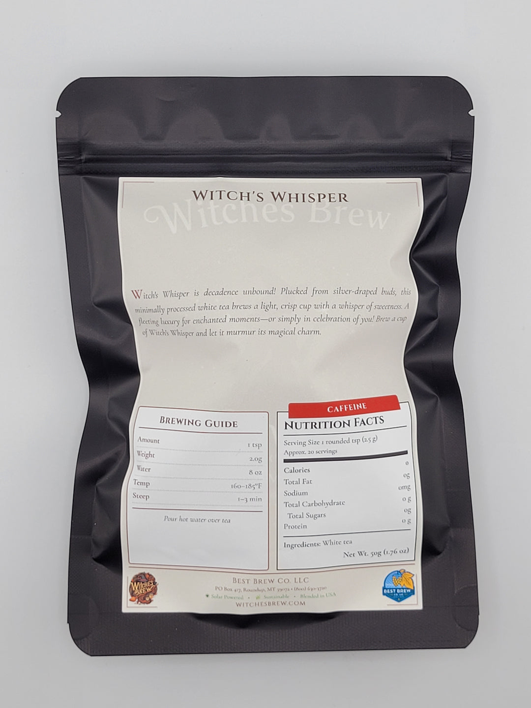 Witches Whisper tea bag with nutrition information