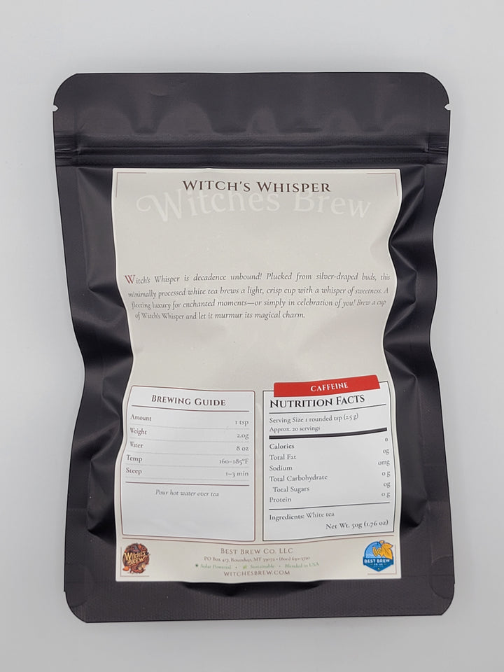 Witches Whisper tea bag with nutrition information