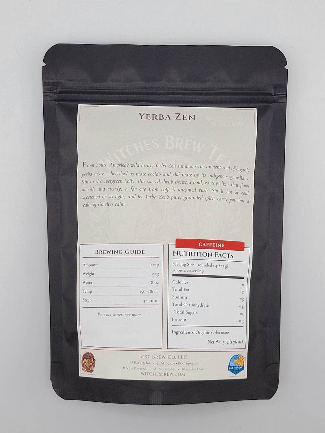 Back Yerba Zen label on a white background