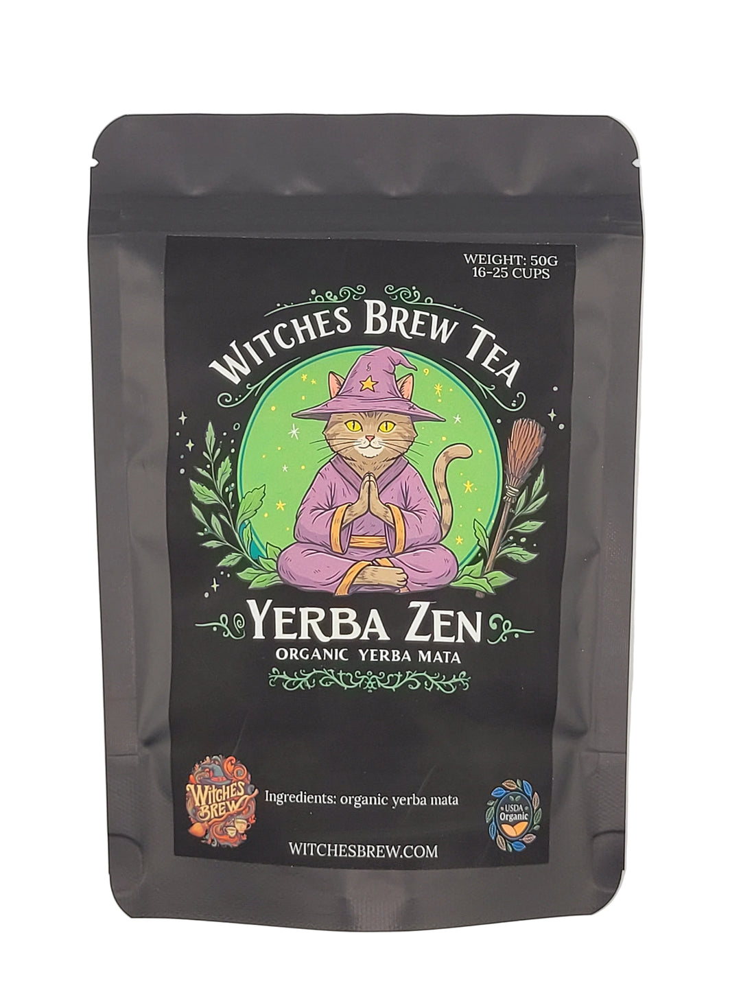 Yerba Zen Tea package with witch-themed design on a white background