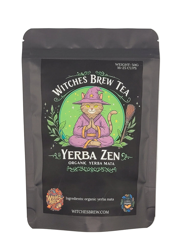 Yerba Zen Tea package with witch-themed design on a white background